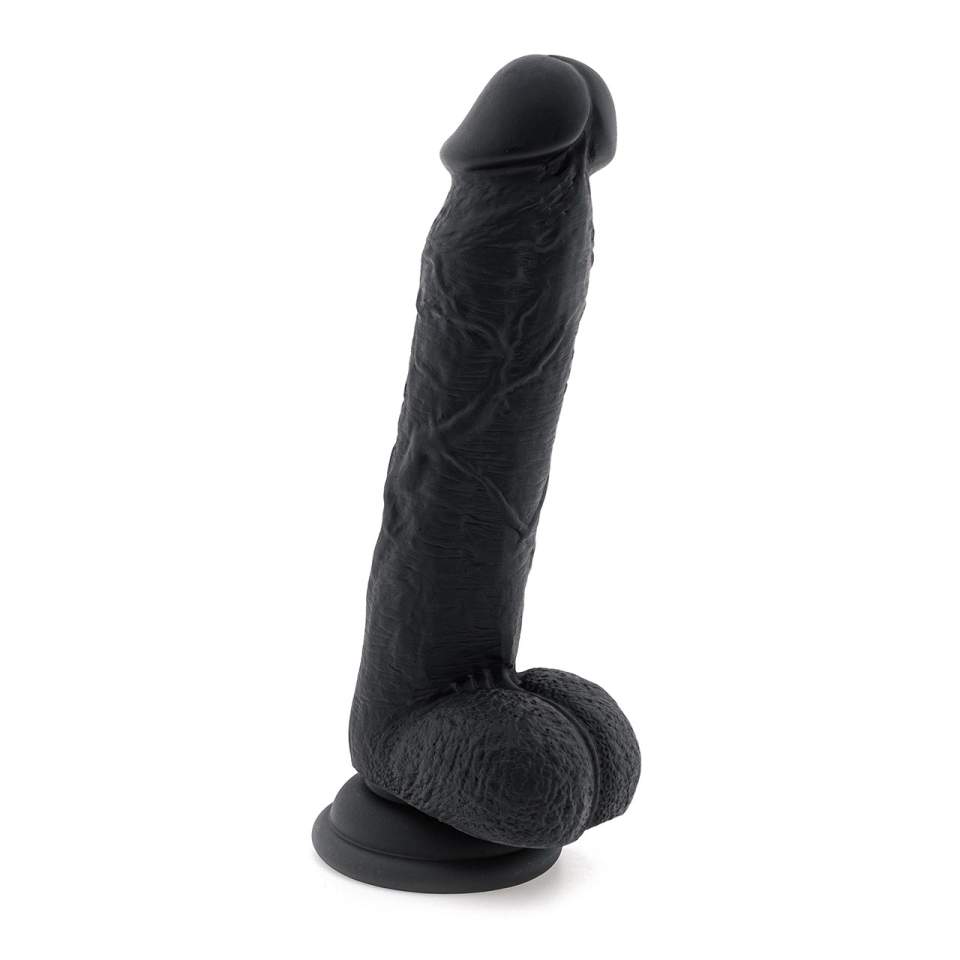 Czarne realistyczne dildo z silikonu z jądrami i przyssawką – 16 cm