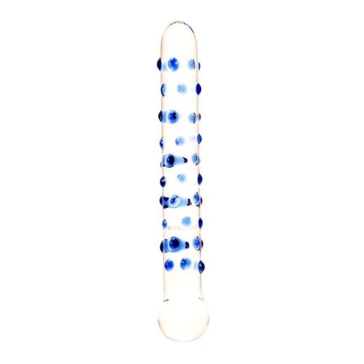Podwójne szklane dildo z niebieskimi wypustkami – 18 cm