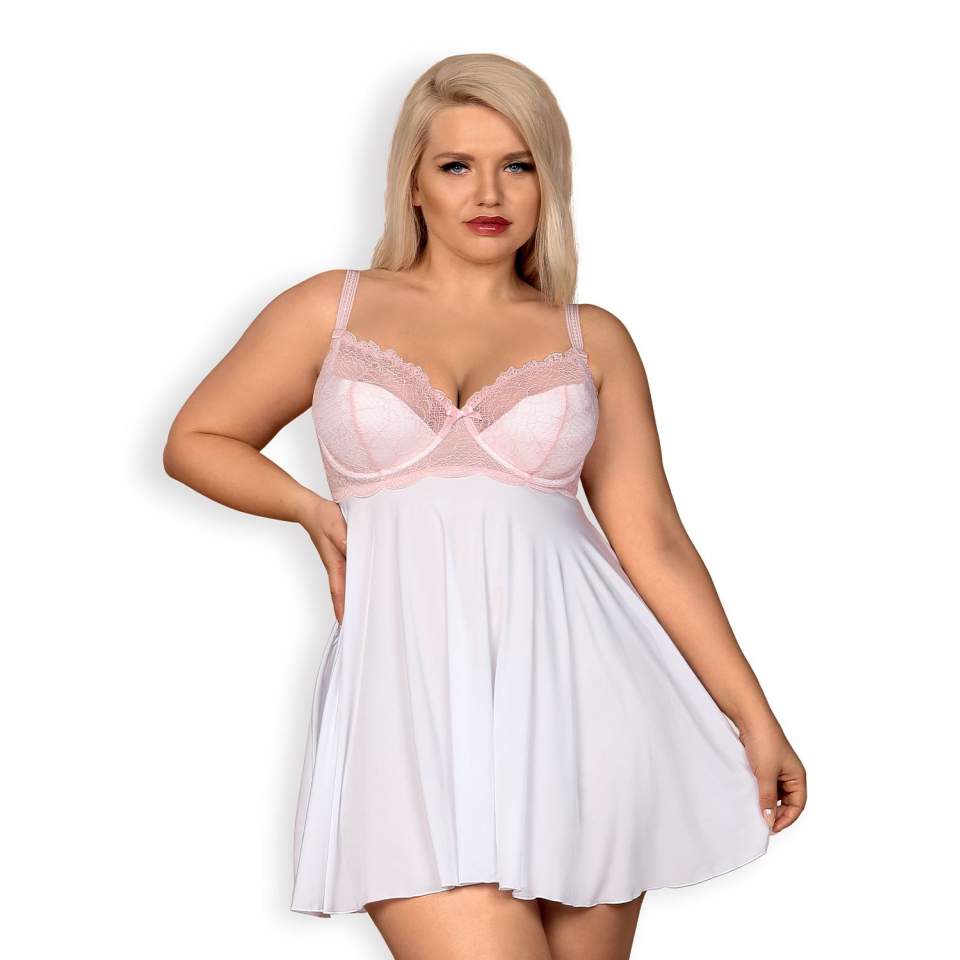 Biała koszulka babydoll Obsessive Girlly w zestawie ze stringami