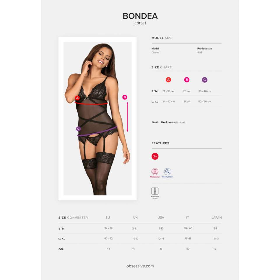 Czarny gorset Obsessive Bondea w zestawie ze stringami 