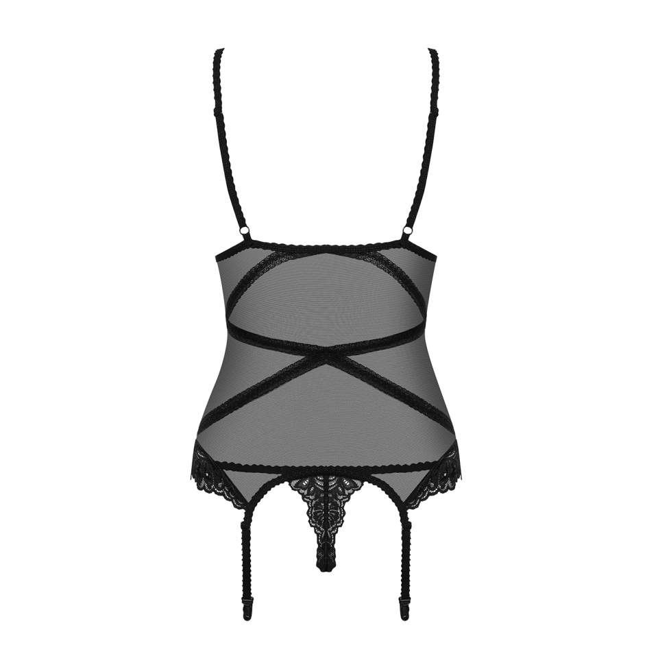 Czarny gorset Obsessive Bondea w zestawie ze stringami 