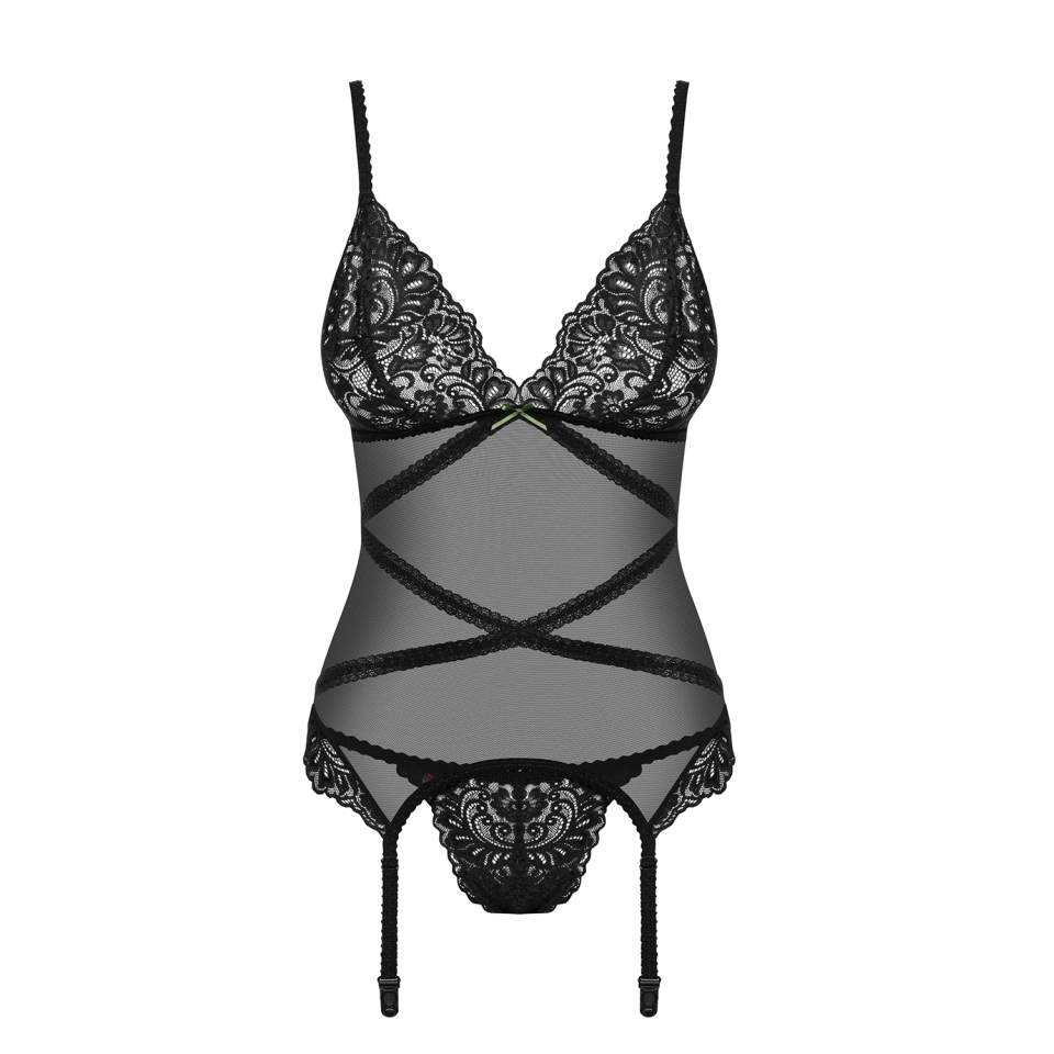 Czarny gorset Obsessive Bondea w zestawie ze stringami 