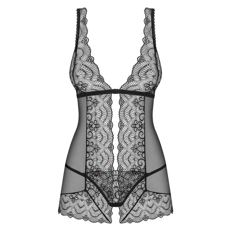 Czarna babydoll Obsessive Firella z rozcięciem z przodu + stringi