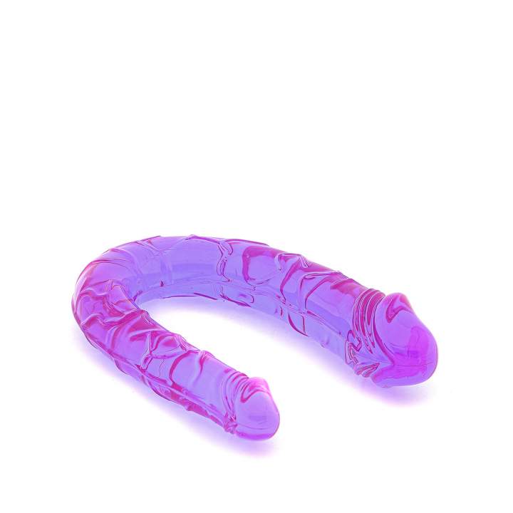 Fioletowe żelowe dildo dwustronne do stymulacji waginalno-analnej