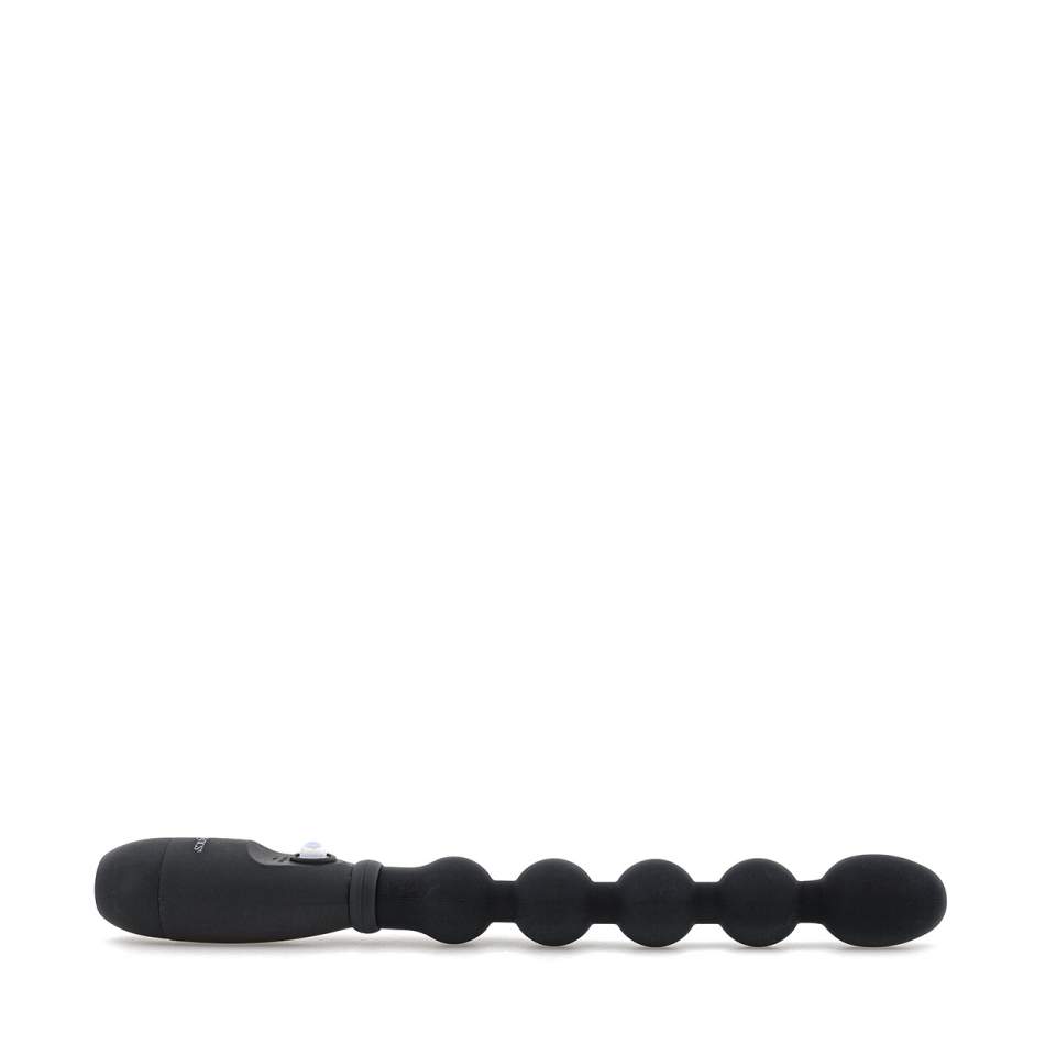 Czarny silikonowy korek analny z koralikami i wibracjami - 18 cm