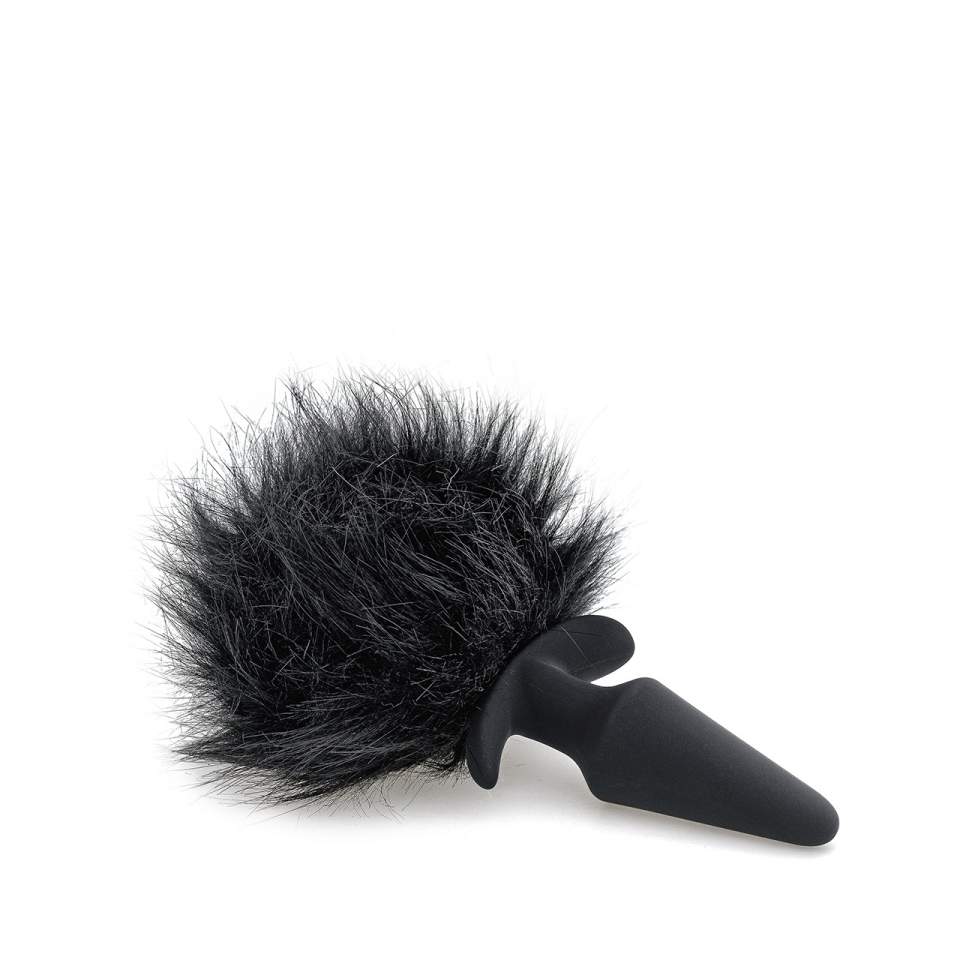 Czarny silikonowy korek analny z czarnym króliczym ogonem - średnica 4 cm