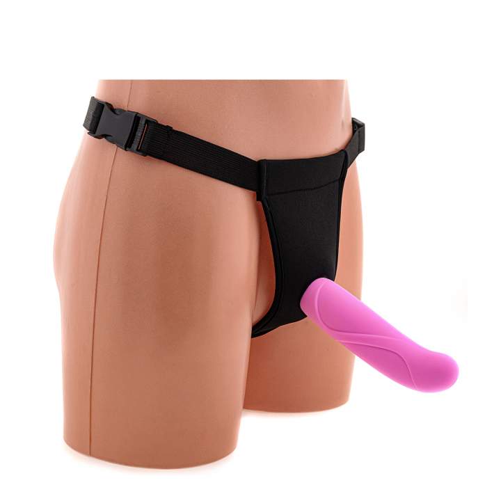 Różowe silikonowe dildo z uprzężą i przyssawką