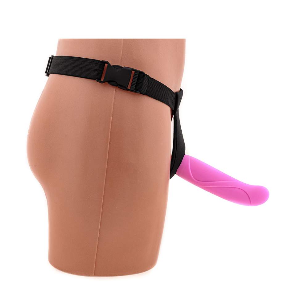 Różowe silikonowe dildo z uprzężą i przyssawką