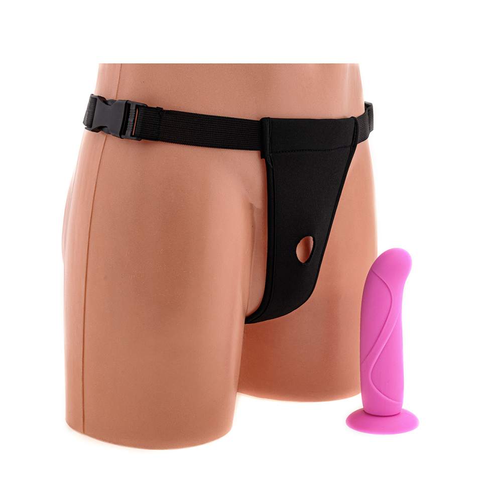 Różowe silikonowe dildo z uprzężą i przyssawką