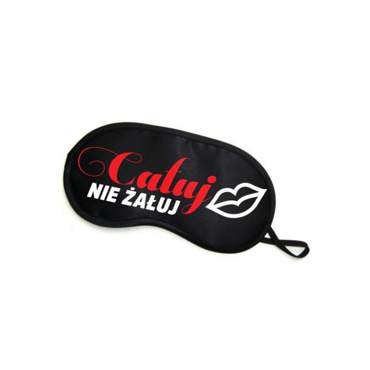Czarna opaska na oczy z napisem „Całuj nie żałuj”