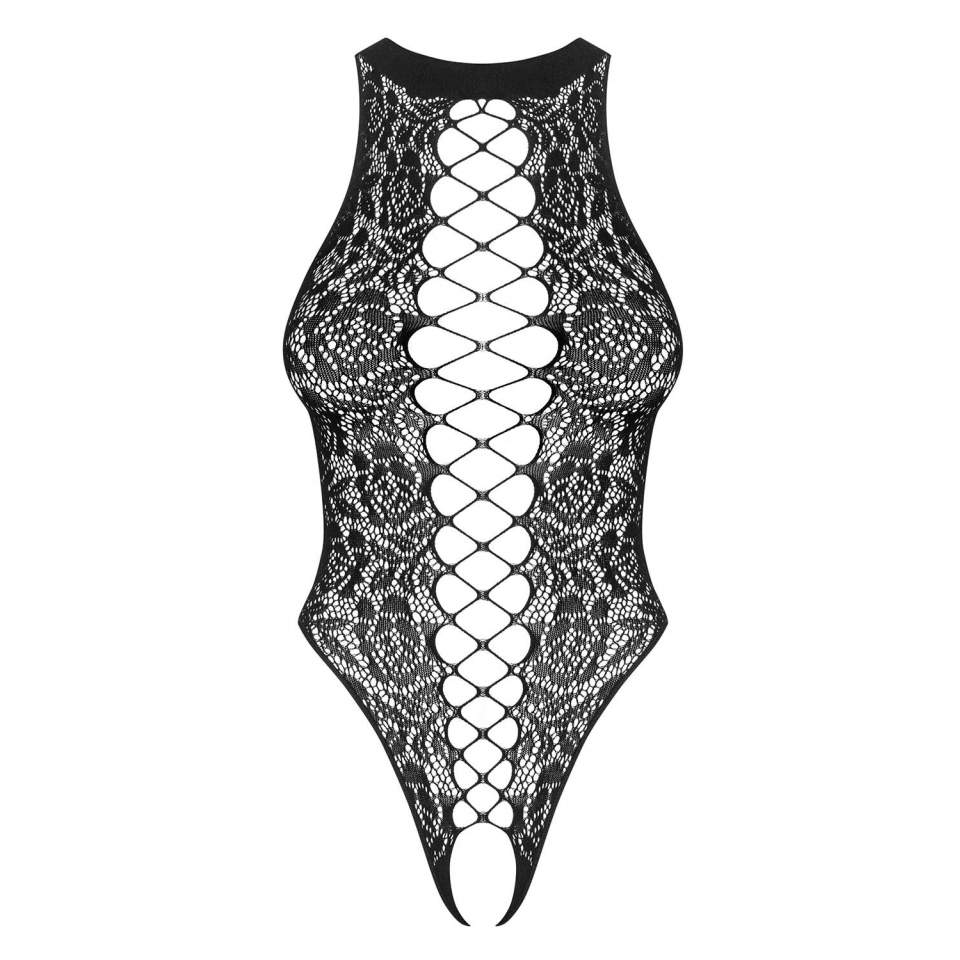 Czarne koronkowe body z otwartym krokiem Obsessive B129