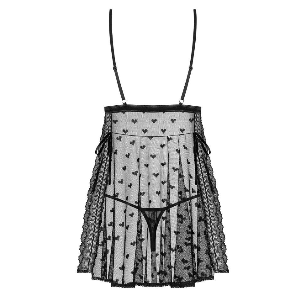 Czarna koszulka Babydoll w serduszka Obsessive Heartia-Bab + stringi