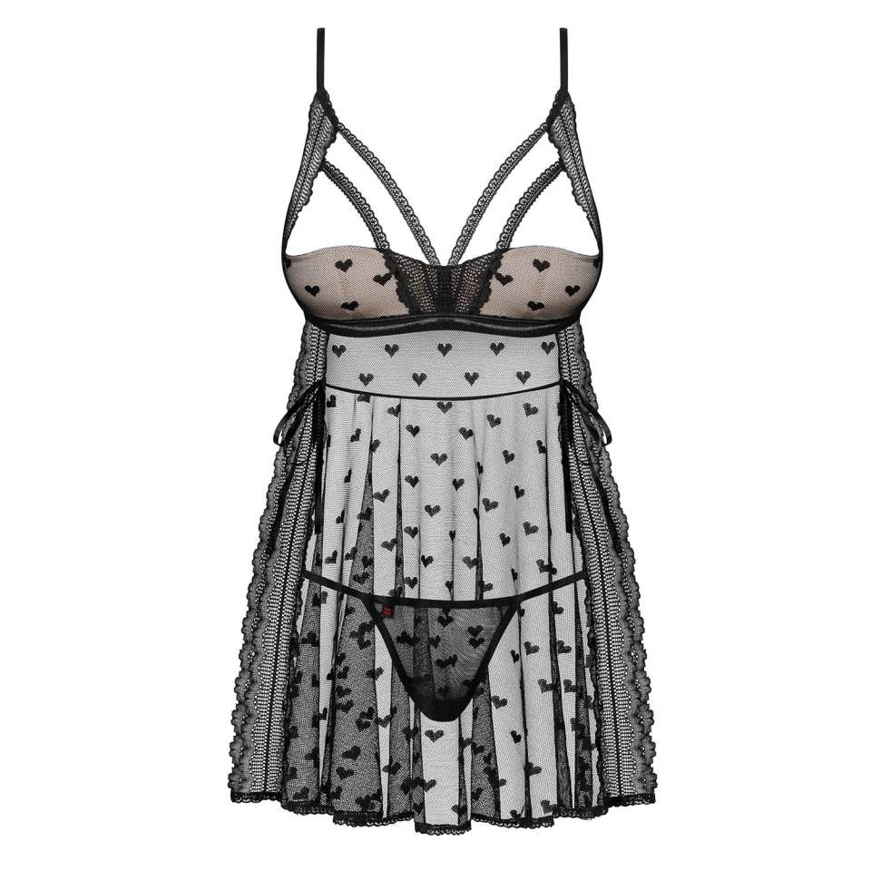 Czarna koszulka Babydoll w serduszka Obsessive Heartia-Bab + stringi